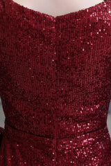 Elegant Sparkle Sequined Burgundy Long Sleeves V-neck Mermaid Long Prom Party Gowns-Ballbella