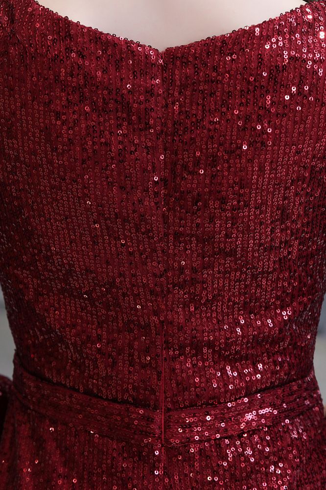 Elegant Sparkle Sequined Burgundy Long Sleeves V-neck Mermaid Long Prom Party Gowns-Ballbella