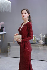 Elegant Sparkle Sequined Burgundy Long Sleeves V-neck Mermaid Long Prom Party Gowns-Ballbella