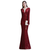 Elegant Sparkle Sequined Burgundy Long Sleeves V-neck Mermaid Long Prom Party Gowns-Ballbella