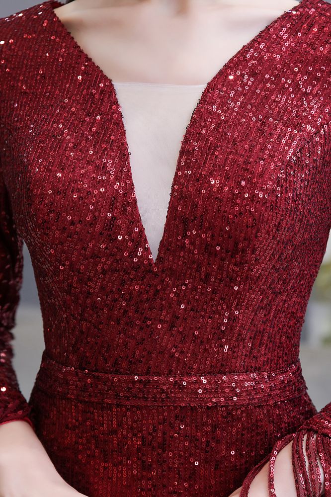 Elegant Sparkle Sequined Burgundy Long Sleeves V-neck Mermaid Long Prom Party Gowns-Ballbella