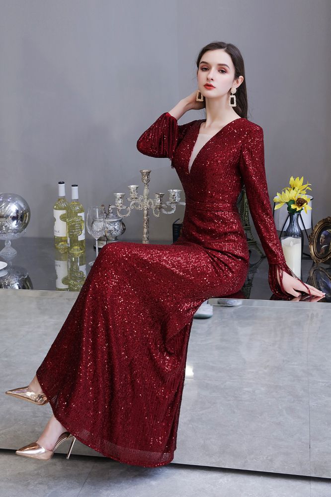 Elegant Sparkle Sequined Burgundy Long Sleeves V-neck Mermaid Long Prom Party Gowns-Ballbella