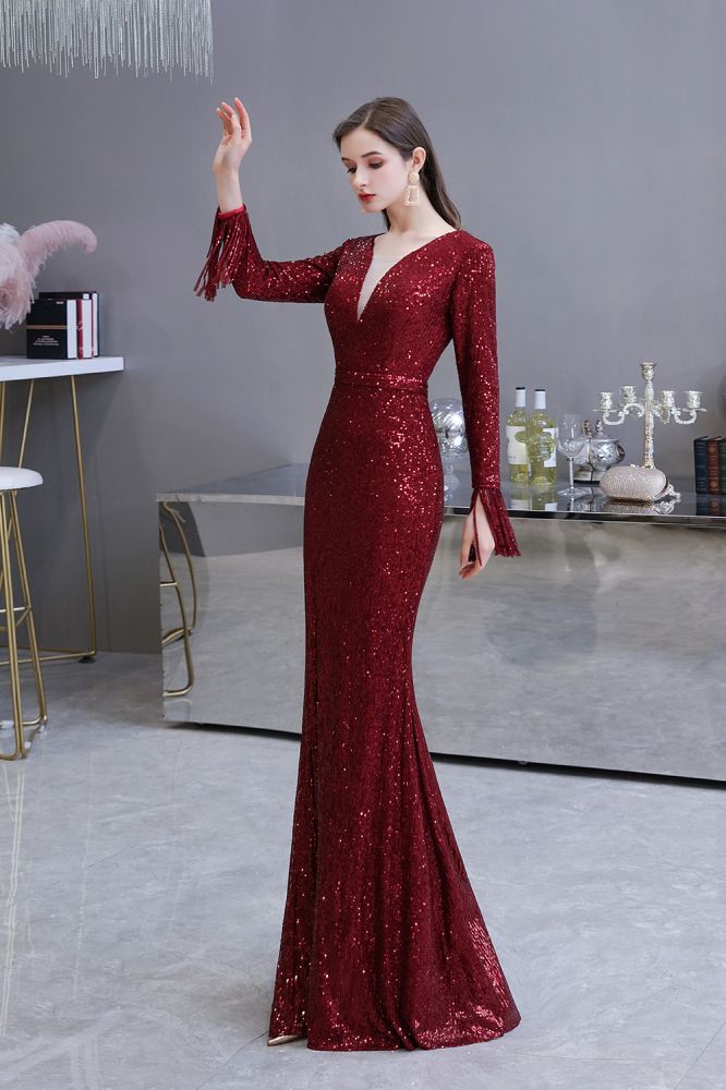 Elegant Sparkle Sequined Burgundy Long Sleeves V-neck Mermaid Long Prom Party Gowns-Ballbella