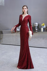 Elegant Sparkle Sequined Burgundy Long Sleeves V-neck Mermaid Long Prom Party Gowns-Ballbella