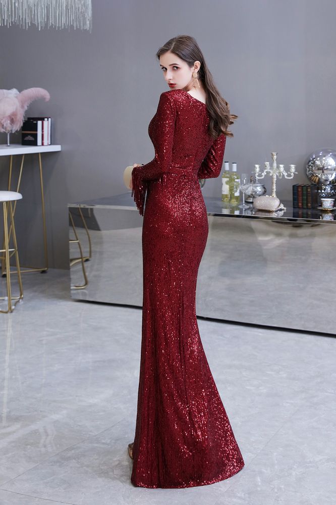 Elegant Sparkle Sequined Burgundy Long Sleeves V-neck Mermaid Long Prom Party Gowns-Ballbella