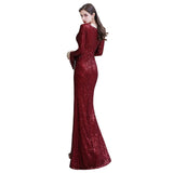 Elegant Sparkle Sequined Burgundy Long Sleeves V-neck Mermaid Long Prom Party Gowns-Ballbella