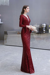 Elegant Sparkle Sequined Burgundy Long Sleeves V-neck Mermaid Long Prom Party Gowns-Ballbella