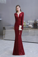 Elegant Sparkle Sequined Burgundy Long Sleeves V-neck Mermaid Long Prom Party Gowns-Ballbella