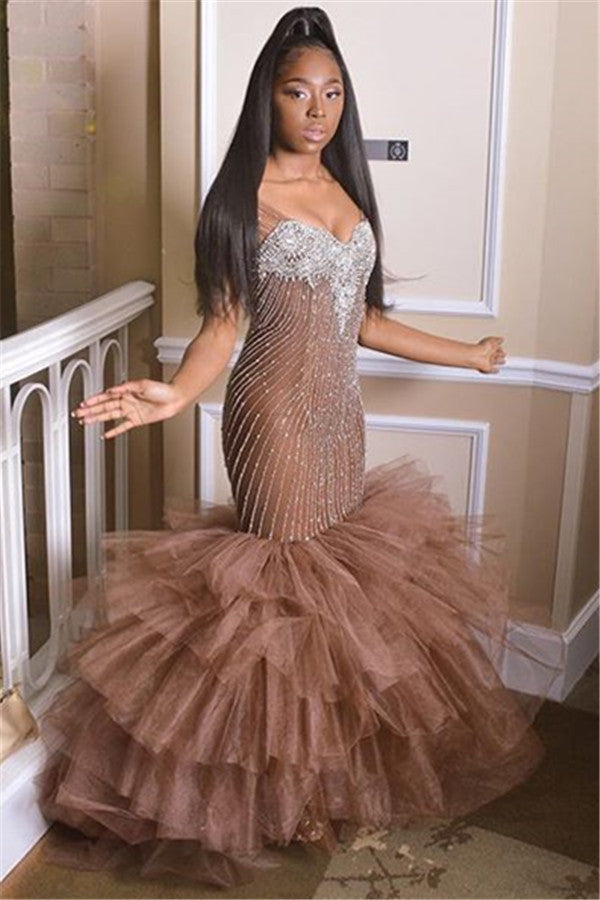 Elegant Straps Sleeveless Applique Tulle Mermaid Prom Party Gowns-Ballbella