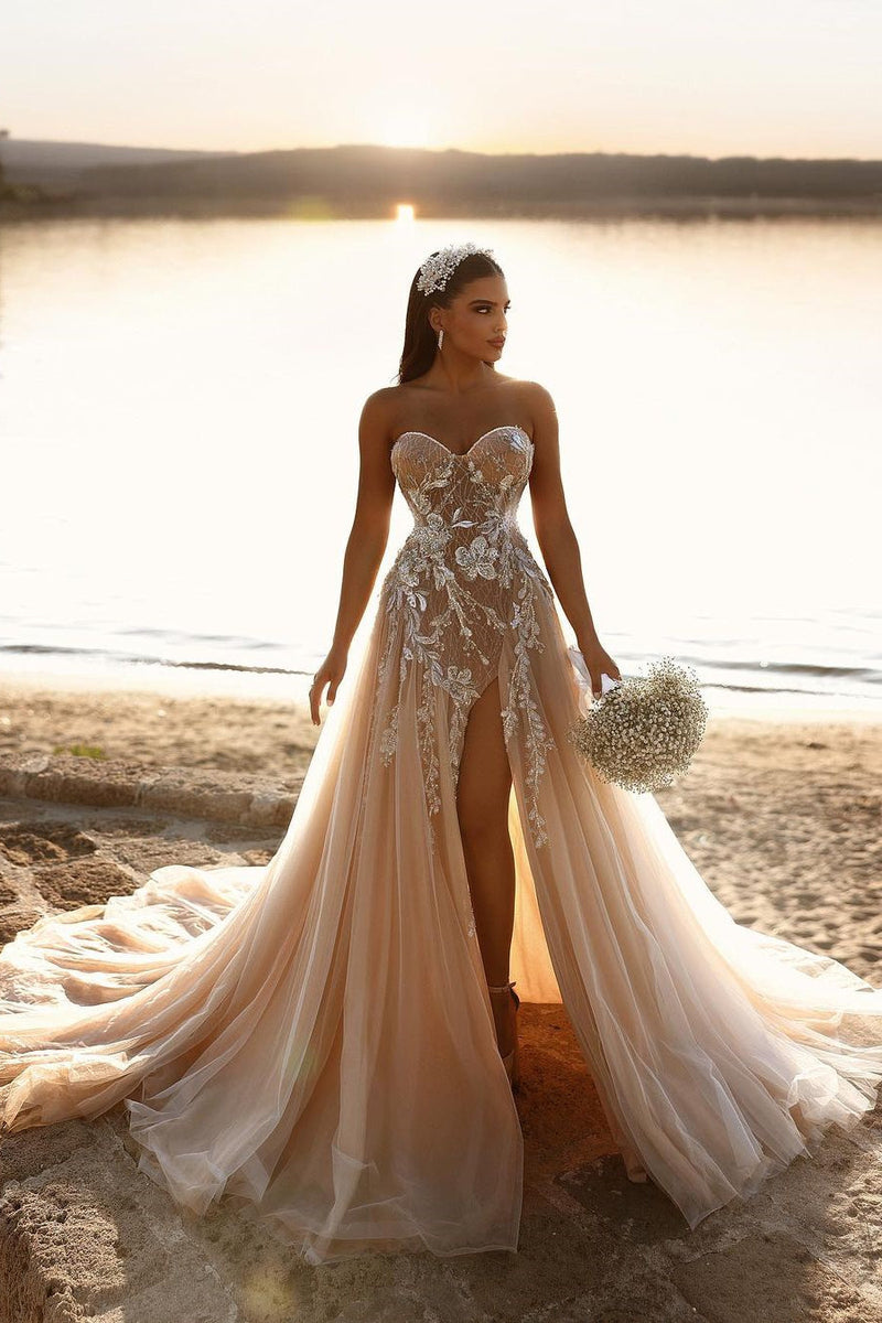 Elegant Sweetheart Long Glitter Lace Wedding Dress Long Slit Online-Ballbella