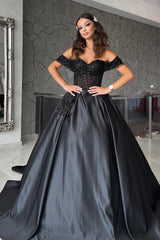 Elegant Sweetheart Off-the-Shoulder Black Prom Dresses with Beads-Ballbella