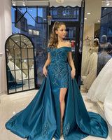 Elegant Sweetheart Off-the-Shoulder Sheath Ribbon Prom Dresses with Appliques-Ballbella