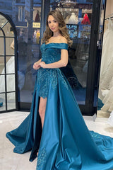 Elegant Sweetheart Off-the-Shoulder Sheath Ribbon Prom Dresses with Appliques-Ballbella