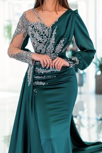 Elegant V-neck Long Sleeves Mermaid Prom Dresses With Ruffles Long-Ballbella