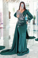 Elegant V-neck Long Sleeves Mermaid Prom Dresses With Ruffles Long-Ballbella