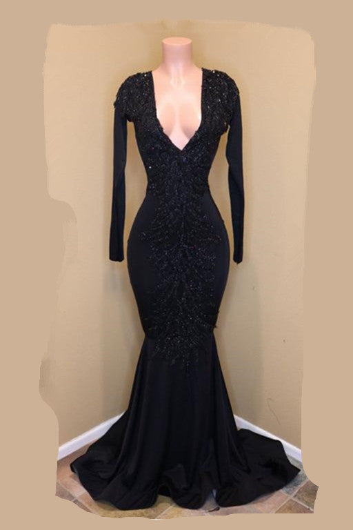 Elegant V-Neck Long Sleevess Appliques Sequins Mermaid Zipper Prom Dresses-Ballbella