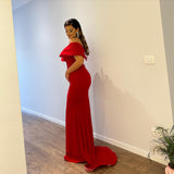 Elegant V-Neck Off-the-Shoulder Mermaid Ruby Prom Dresses Long Slit Online-Ballbella