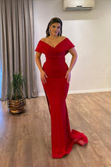 Elegant V-Neck Off-the-Shoulder Mermaid Ruby Prom Dresses Long Slit Online-Ballbella