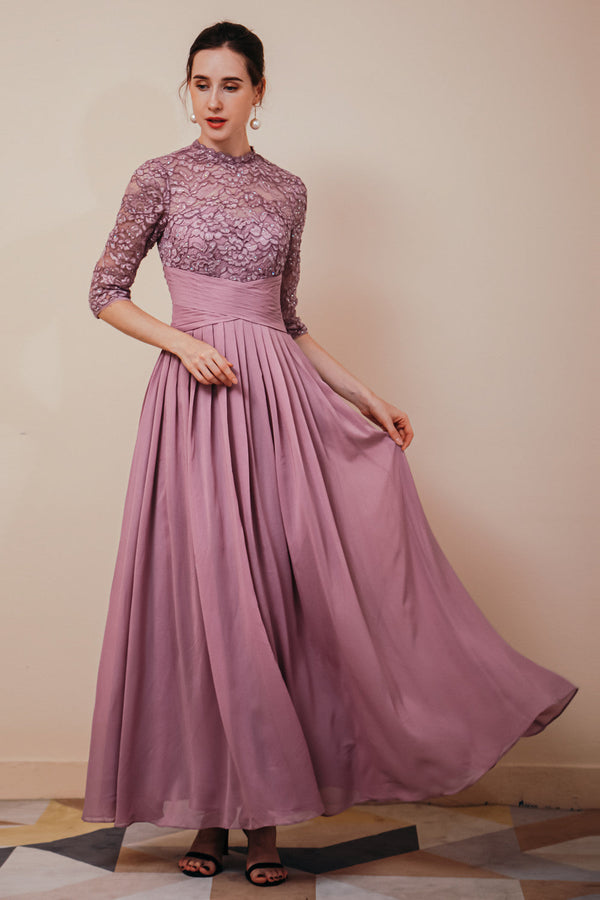 Elegant Violet 3/4 sleeves High waist Beaded Lace Chiffon Evening Dress-Ballbella