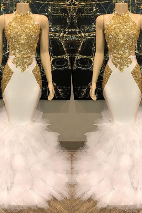 Elegant White And Gold Mermaid Prom Dress Sequins High Collar Chiffon Long-Ballbella