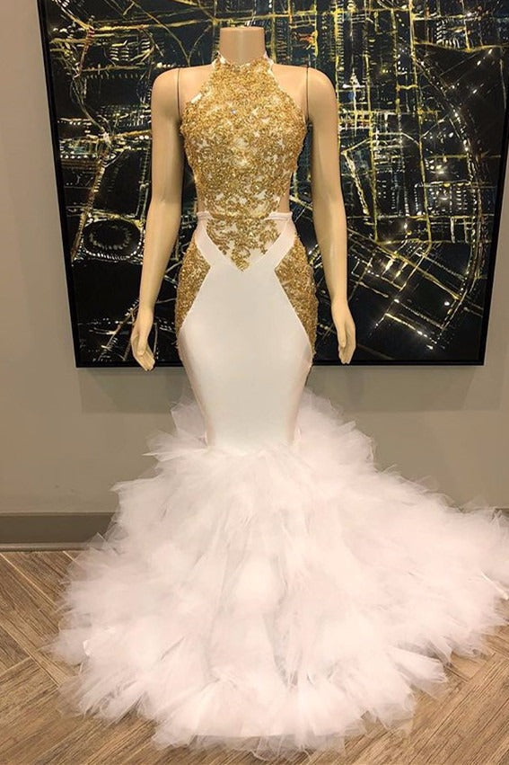 Elegant White And Gold Mermaid Prom Dress Sequins High Collar Chiffon Long-Ballbella