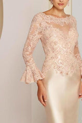 Elegant Wide sleeves Lace Sweetheart Satin Knee Length Mother of the bride Dresses-Ballbella