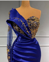 Elgeant Royal Blue One Shoulder Mermaid Prom Dresses with Sleeves-Ballbella