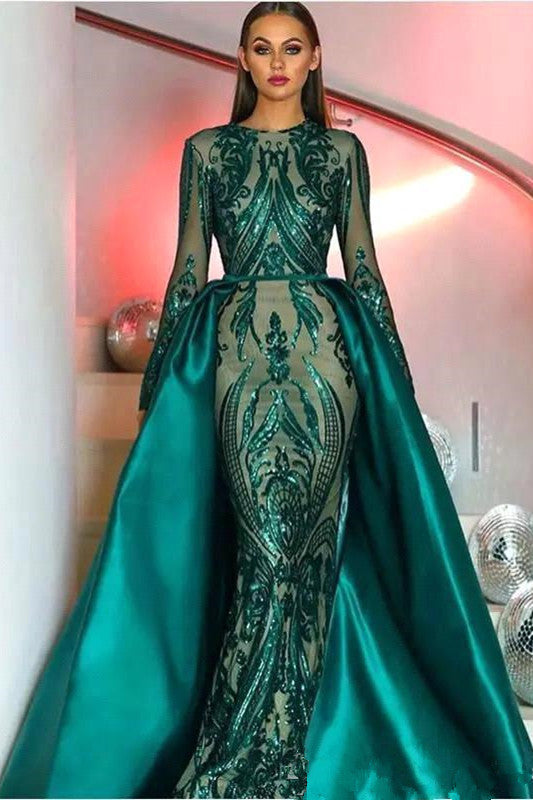 Emerald Green Long Sleevess Mermaid Prom Party Gowns with detachable Train-Ballbella