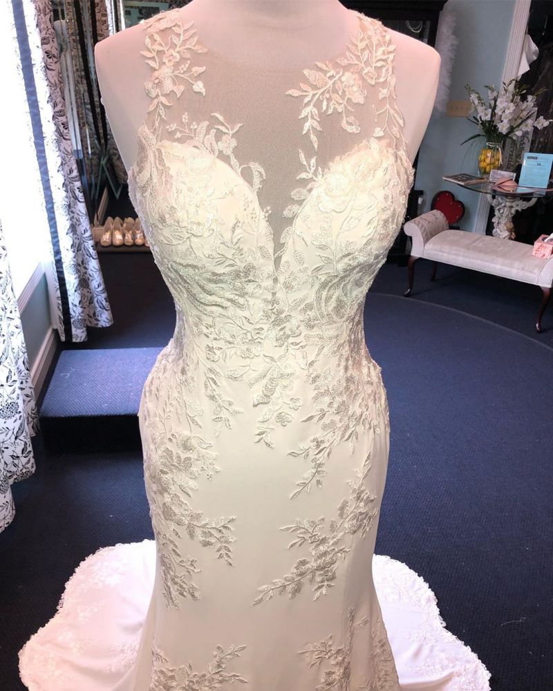 Exquisite Jewel Sleeveless Wedding Dress Sheath Tulle Lace Open Back Bridal Gown-Ballbella