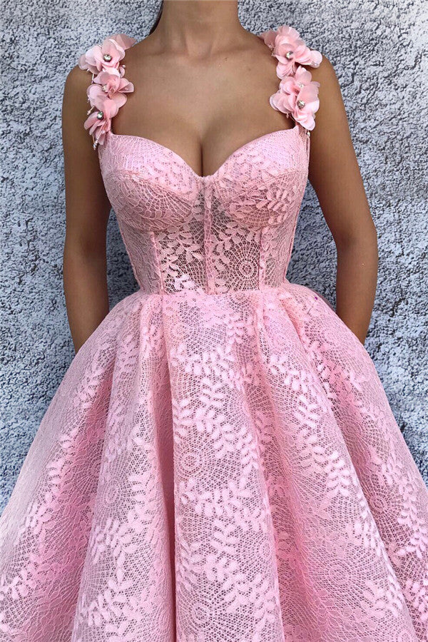 Exquisite Lace Sweetheart Pink Prom Party Gowns| Chic Flower Straps Sleeveless Long Prom Party Gowns-Ballbella