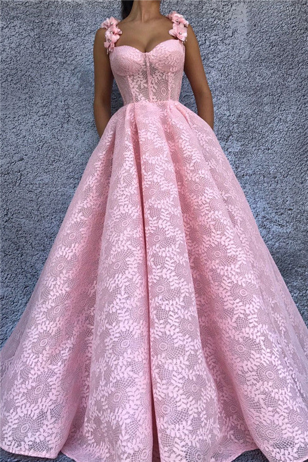 Exquisite Lace Sweetheart Pink Prom Party Gowns| Chic Flower Straps Sleeveless Long Prom Party Gowns-Ballbella