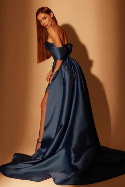 Fabulous Long Navy Blue A-line Off-the-shoulder Prom Dresses With Split Online-Ballbella