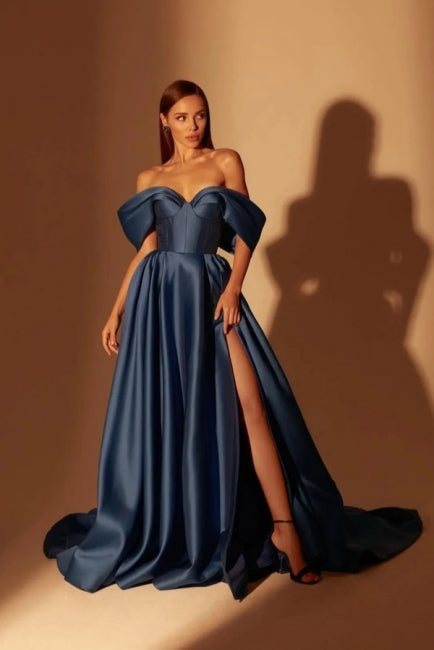 Fabulous Long Navy Blue A-line Off-the-shoulder Prom Dresses With Split Online-Ballbella