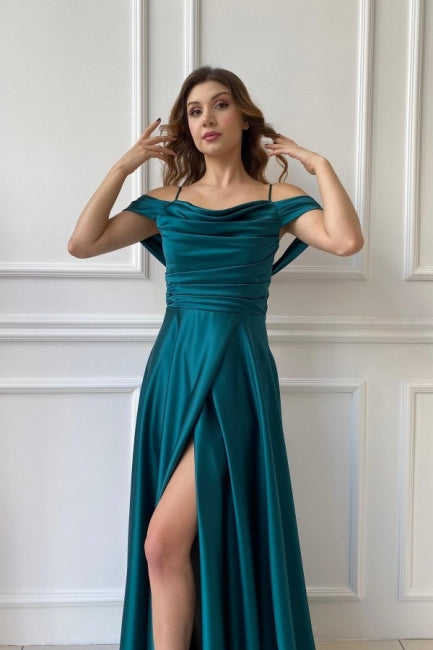 Fabulous Long Off-the-shoulder A-line Graduation Dresses Prom Dresses With Split Online-Ballbella