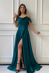 Fabulous Long Off-the-shoulder A-line Graduation Dresses Prom Dresses With Split Online-Ballbella