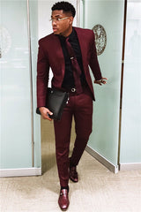 Fashion Burgundy Mens Suits Business Suits Slim Fit One Button Prom Outfits (Blazer Pants)-Ballbella