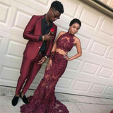 Fashion Burgundy Slim Fit Prom Party Suits for Men-Ballbella