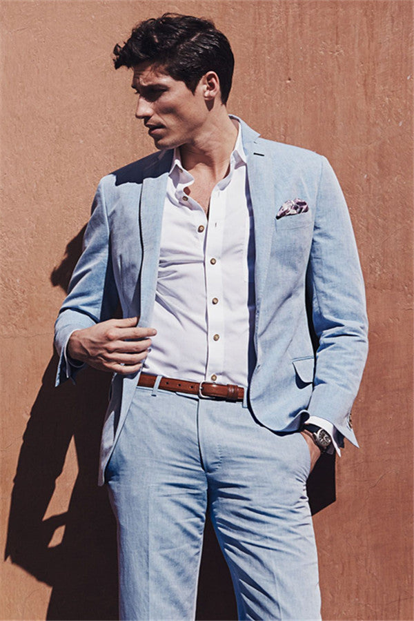 Fashion Casual Sky Blue Summer Men Suits Two-pieces Linen Beach Wedding Suits for Men-Ballbella