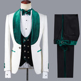 Fashion Jacquard Three Pieces White Wedding Suit with Green Lapel-Ballbella