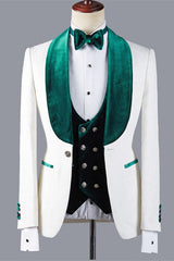 Fashion Jacquard Three Pieces White Wedding Suit with Green Lapel-Ballbella