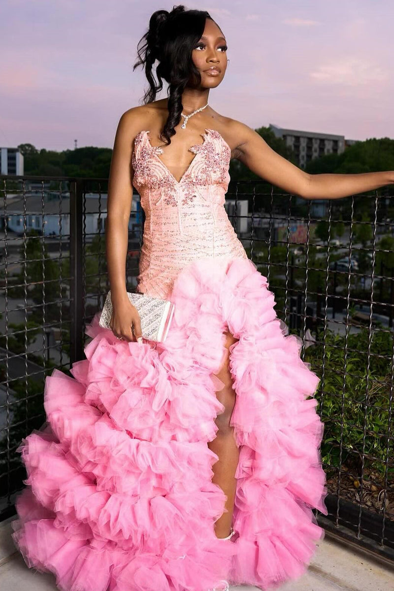Fashion Pink Sweetheart Tiered Side Slit Appliques Prom Dress-Ballbella