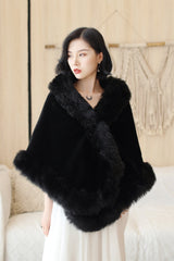 Faux Fur Rounded-Corner Wedding Gown Shawl in Black Bear and Fox Style-Ballbella