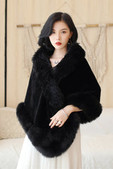 Faux Fur Rounded-Corner Wedding Gown Shawl in Black Bear and Fox Style-Ballbella