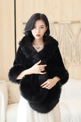 Faux Fur Rounded-Corner Wedding Gown Shawl in Black Bear and Fox Style-Ballbella