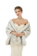 Faux Fur Shawl Gray Women's Winter Poncho-Ballbella