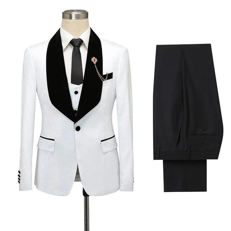 Fernando White Jacquard One Button Wedding Men Suits with Black Lapel-Ballbella