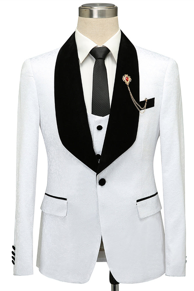 Fernando White Jacquard One Button Wedding Men Suits with Black Lapel-Ballbella