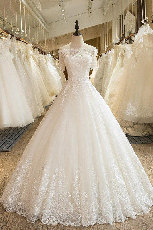 Floor Length Applique Ball Gown Off the Shoulder Lace Tulle 1/2 Sleeves Wedding Dresses-Ballbella