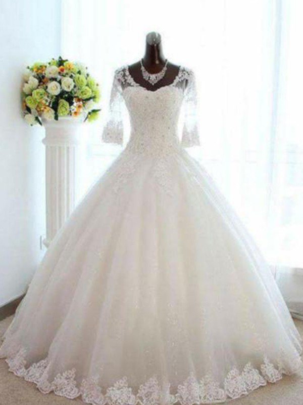 Floor Length Tulle Ball Gown Beading V neck 3/4 Sleeves Bateau Wedding Dresses-Ballbella