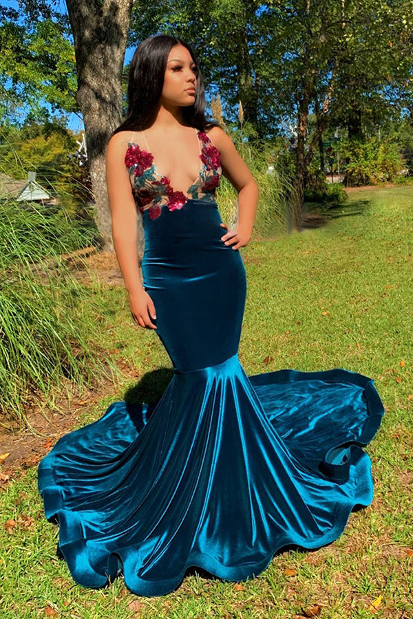 Floral Appliques Deep V-neck Sleeveless Sweep Train Mermaid Prom Dresses-Ballbella